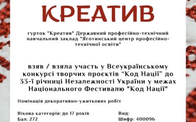Диплом учасника Всеукраїнського конкурсу творчих проєктів “Код Нації”. Керівник гуртка Олена ЖМУРА